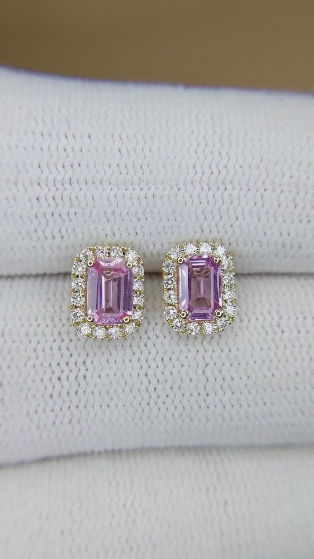 1.11 Ct.Tw.Total Carat Weight Pink Sapphire and Natural Diamond Studs Earrings, 14K Yellow Gold Size Video