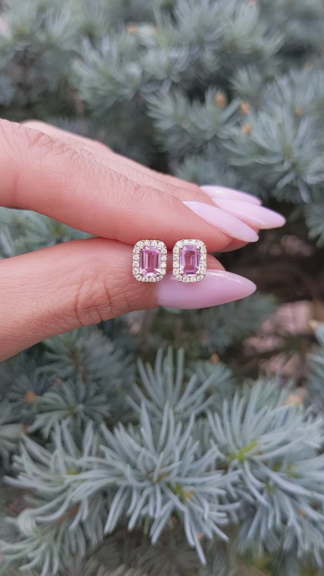 1.11 Ct.Tw.Total Carat Weight Pink Sapphire and Natural Diamond Studs Earrings, 14K Yellow Gold Size Video