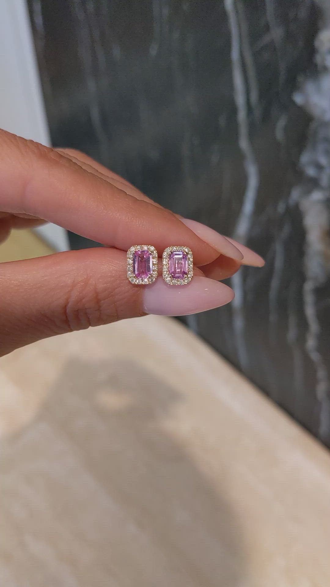 1.11 Ct.Tw.Total Carat Weight Pink Sapphire and Natural Diamond Studs Earrings, 14K Yellow Gold Size Video