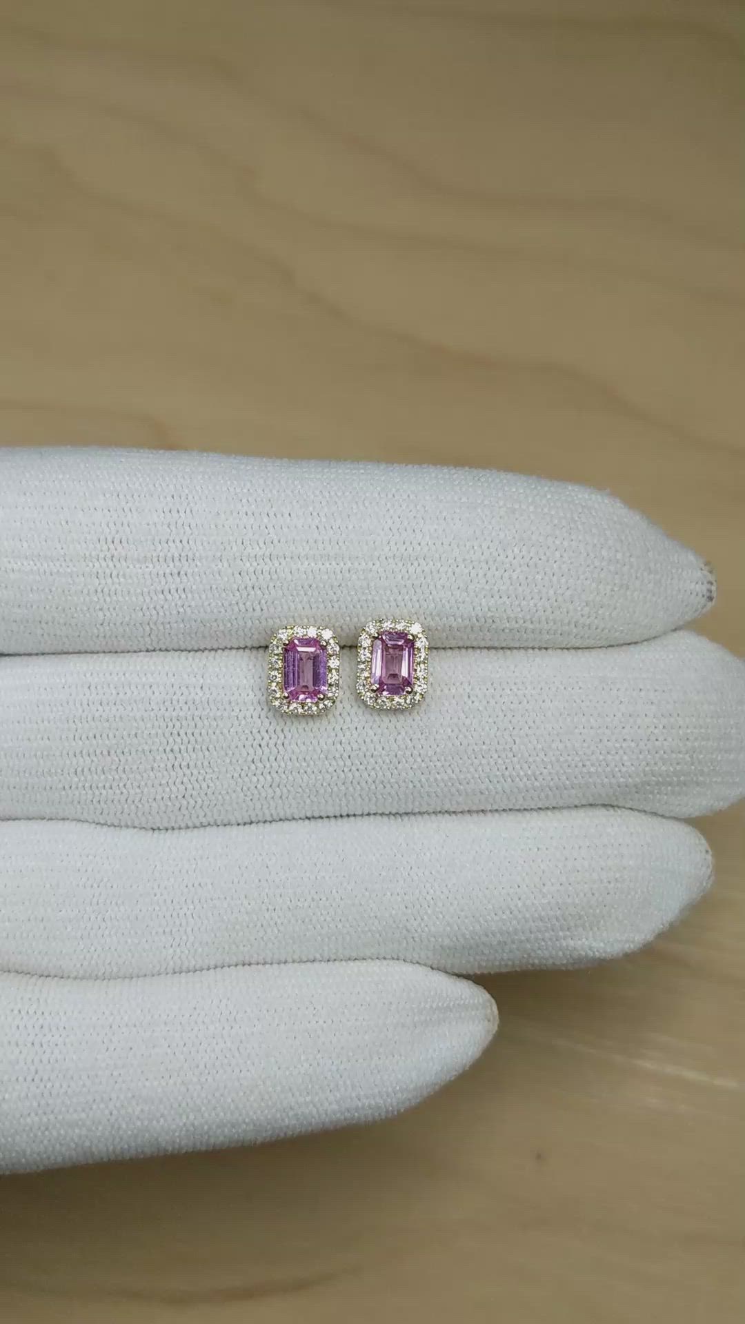 1.11 Ct.Tw.Total Carat Weight Pink Sapphire and Natural Diamond Studs Earrings, 14K Yellow Gold Size Video