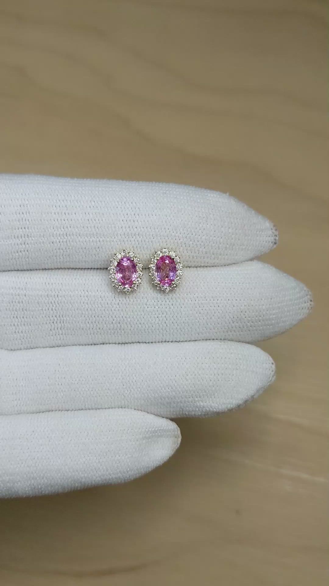 1.06 Ct.Tw.Total Carat Weight Pink Sapphire and Natural Diamond Studs Earrings, 14K Yellow Gold Size Video