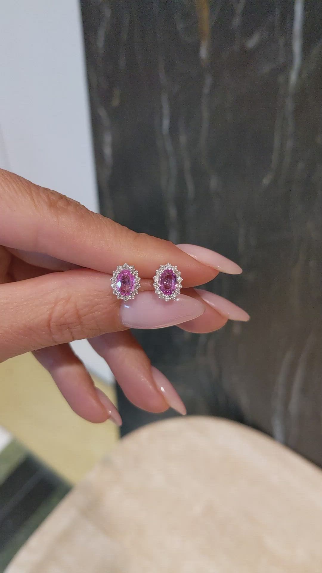 0.90 Ct.Tw.Total Carat Weight Pink Sapphire and Natural Diamond Studs Earrings, 14K White Gold Size Video