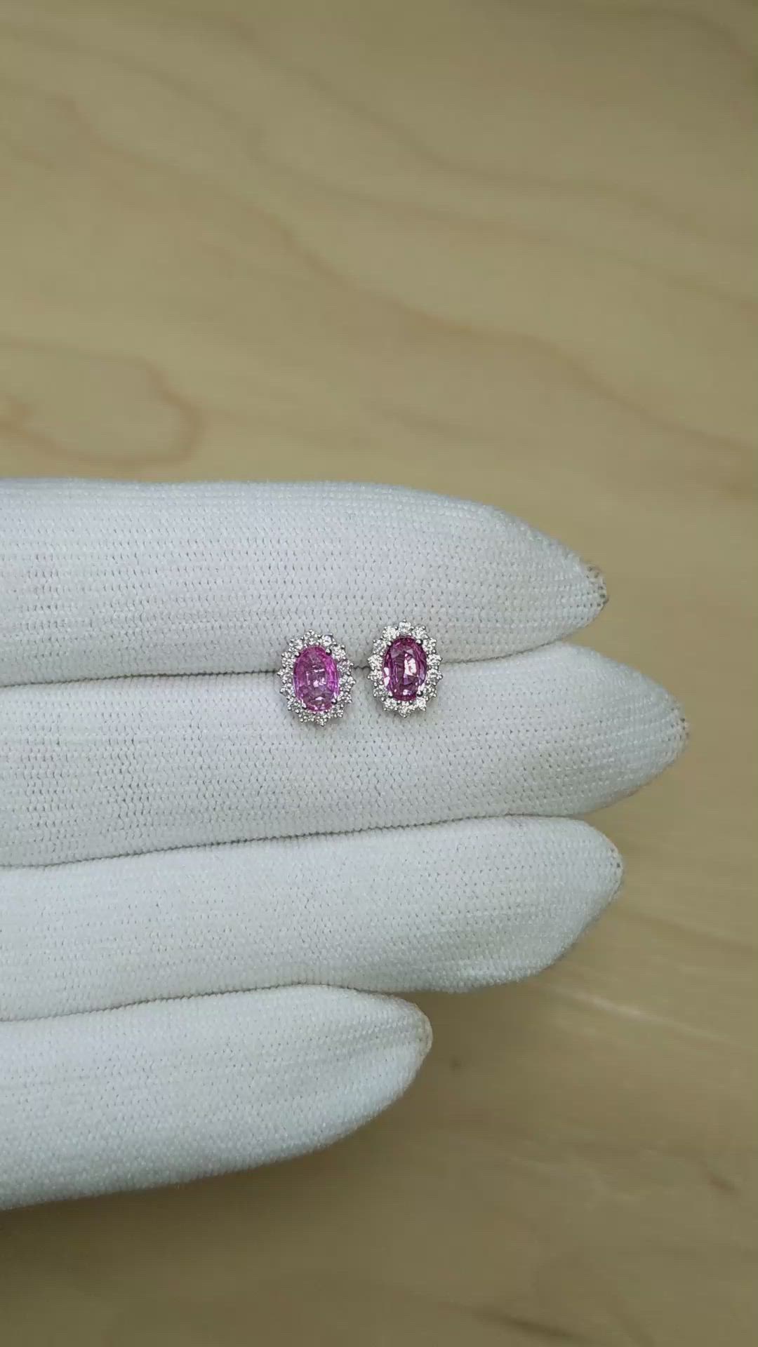 0.90 Ct.Tw.Total Carat Weight Pink Sapphire and Natural Diamond Studs Earrings, 14K White Gold Size Video