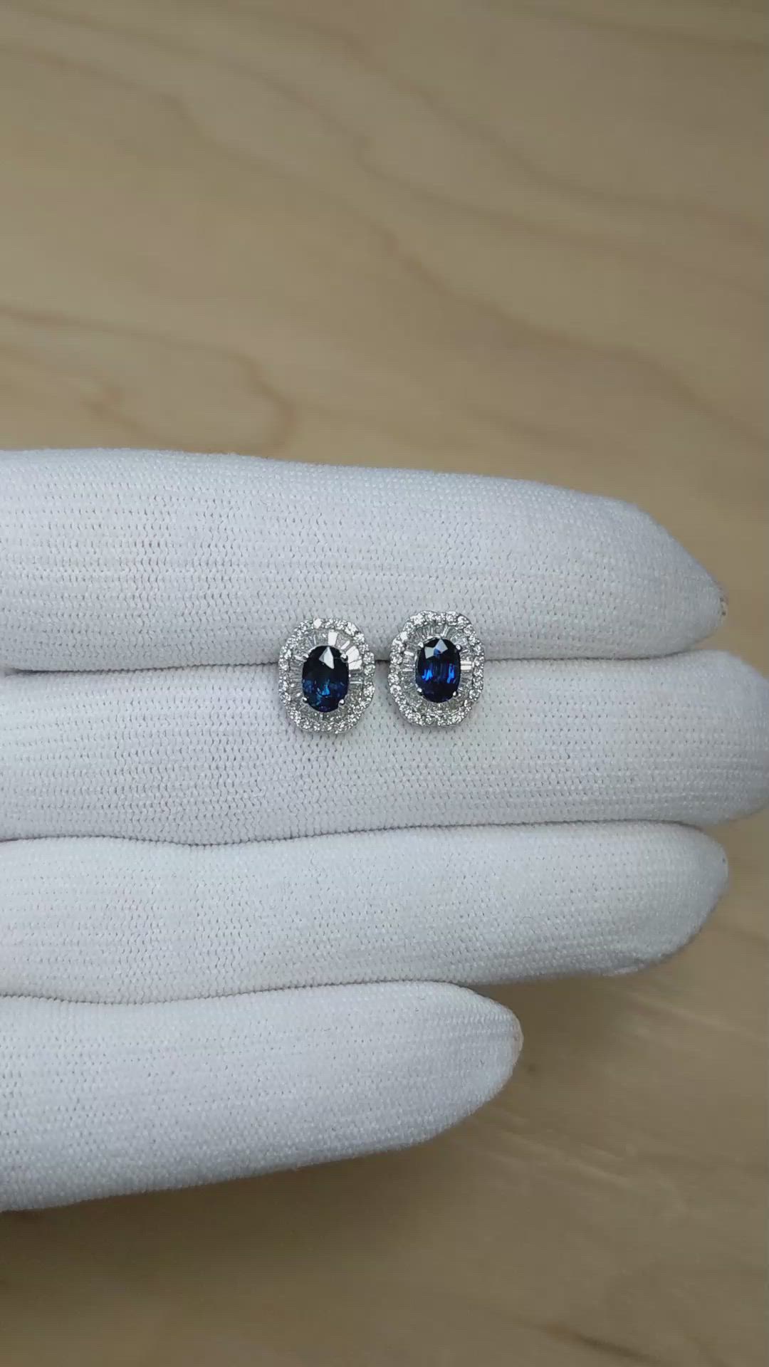 1.53 Ct.Tw.Total Carat Weight Blue Sapphire and Natural Diamond Studs Earrings, 14K White Gold Size Video