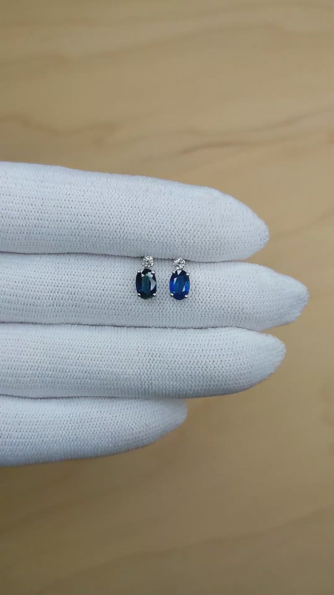 1.09 Ct.Tw.Total Carat Weight Blue Sapphire and Natural Diamond Drops Earrings, 14K White Gold Size Video