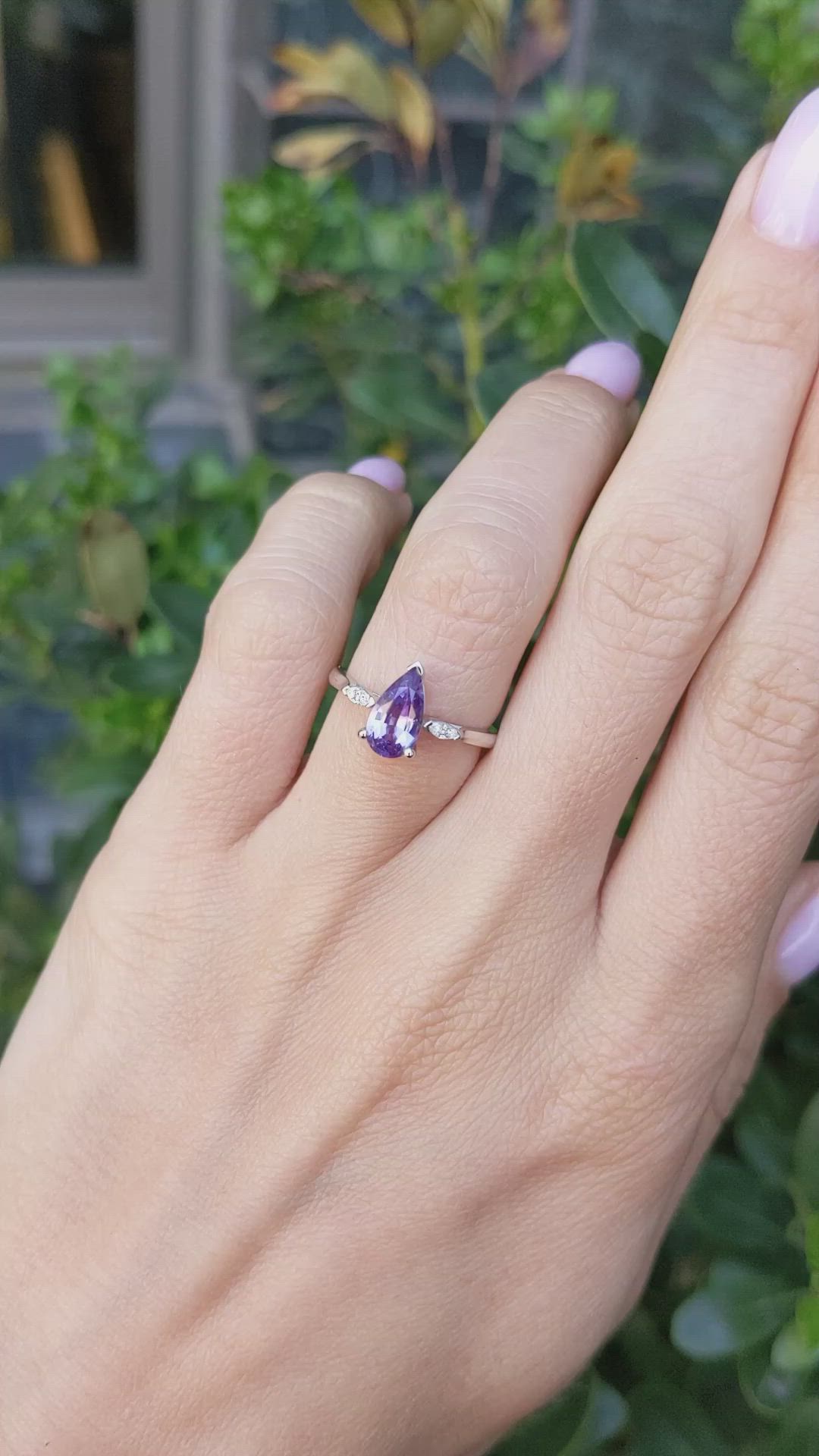 1.05 Ct. Purple Sapphire and Natural Diamond Three Stone Ring, 14K White Gold Size Video