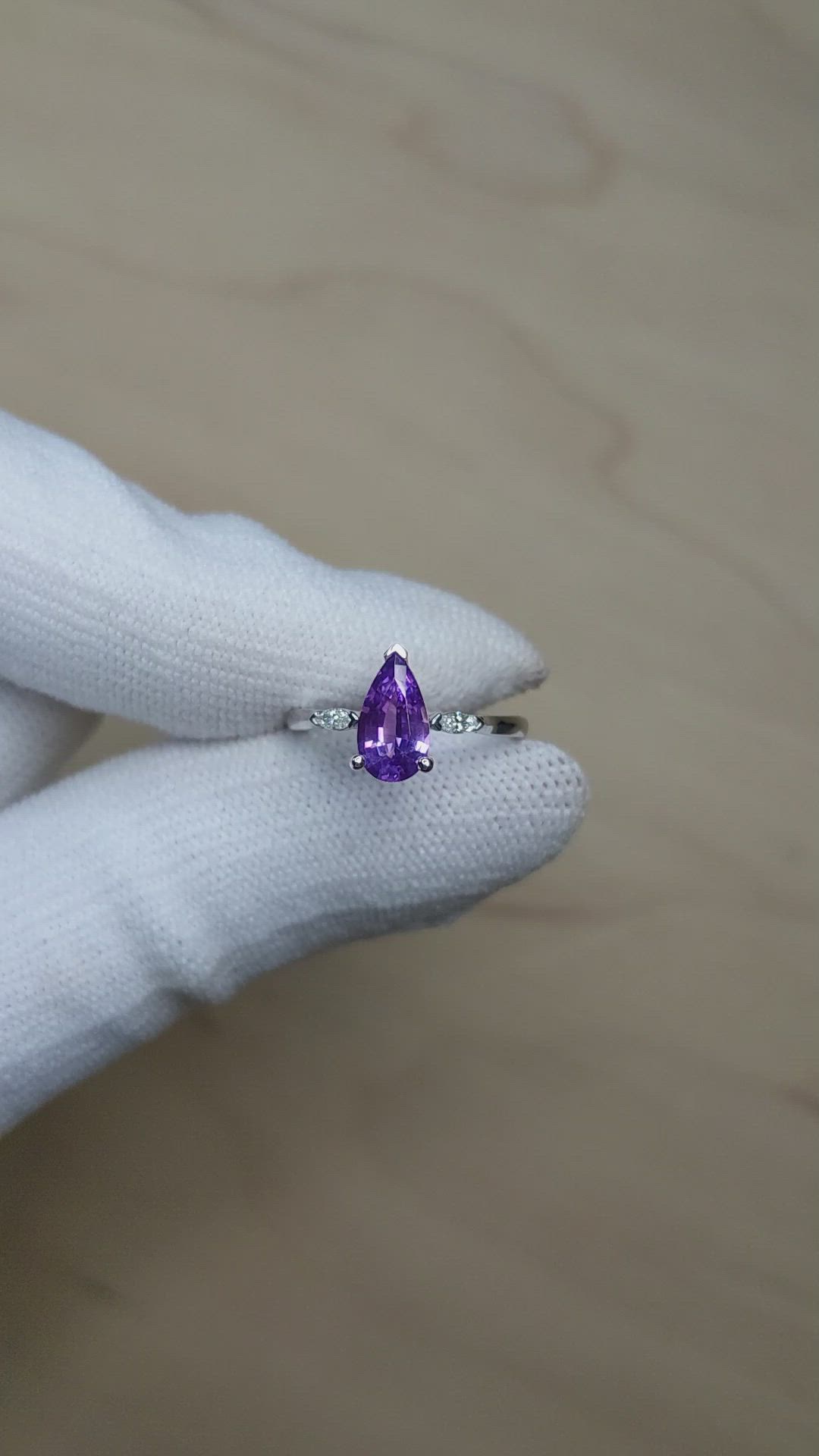 1.05 Ct. Purple Sapphire and Natural Diamond Three Stone Ring, 14K White Gold Size Video