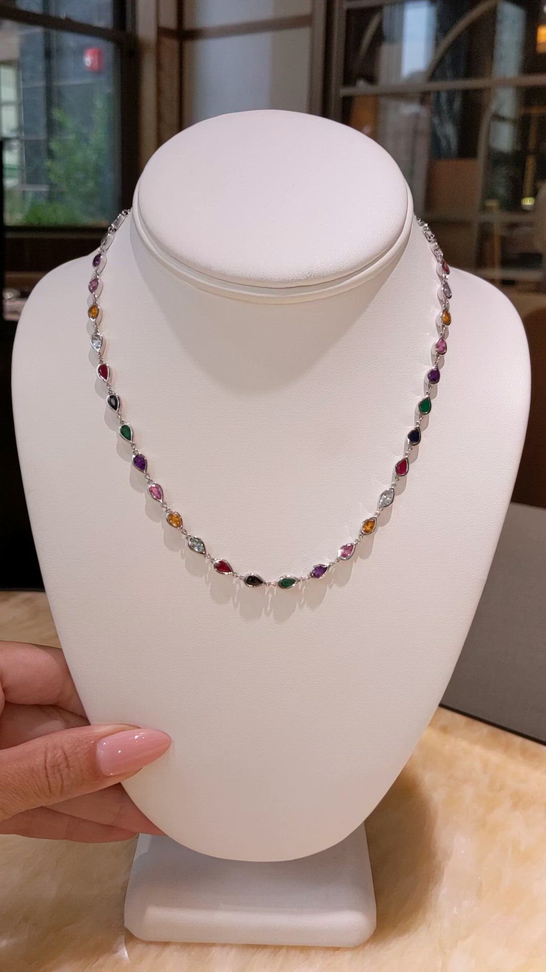 0.66 Ct.Tw.Total Carat Weight Mixed Sapphire, Emerald, Purple Amethyst, Yellow Citrine, Sky Blue Aquamarine and Ruby Accent Stones Necklace, 14K White Gold Size Video