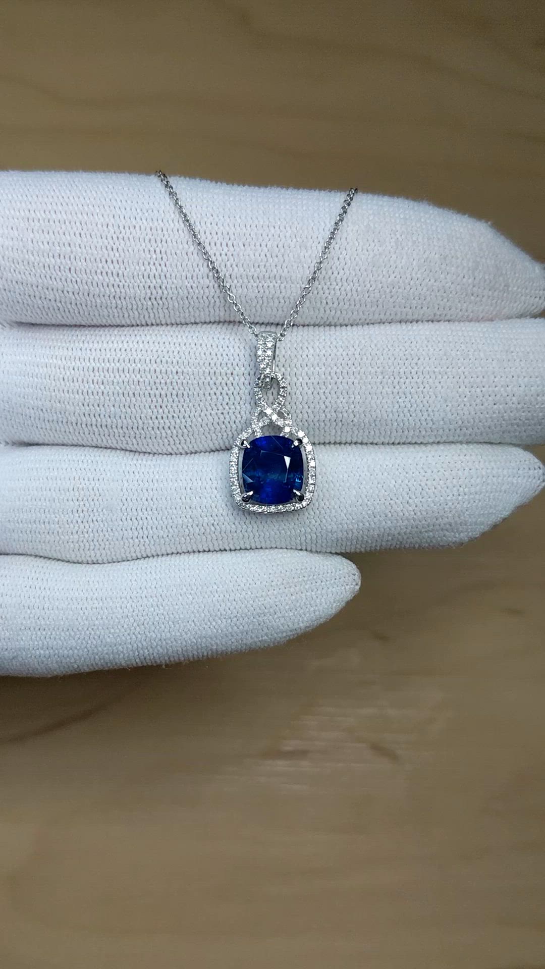 2.81 Ct. Blue Sapphire and Natural Diamond Halo Pendant, 14K White Gold Size Video