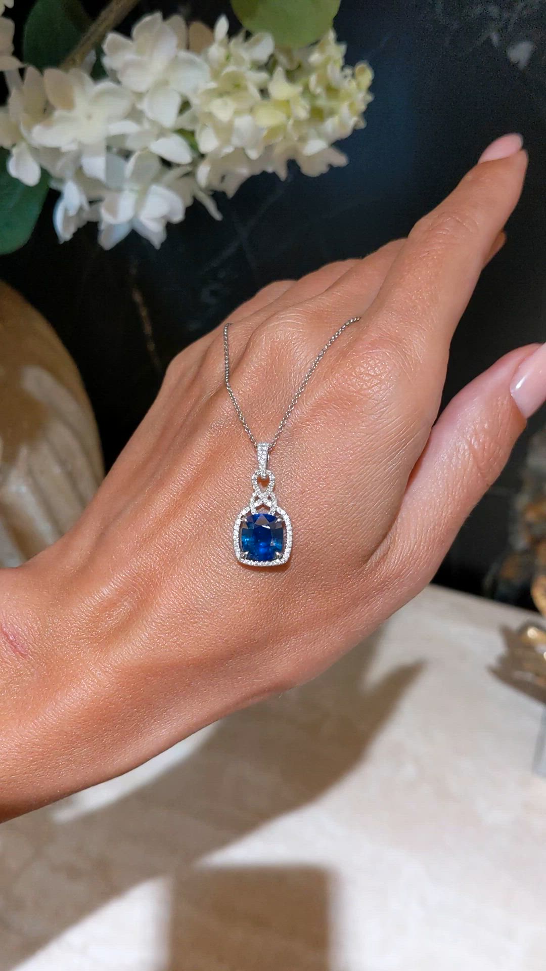 2.81 Ct. Blue Sapphire and Natural Diamond Halo Pendant, 14K White Gold Size Video
