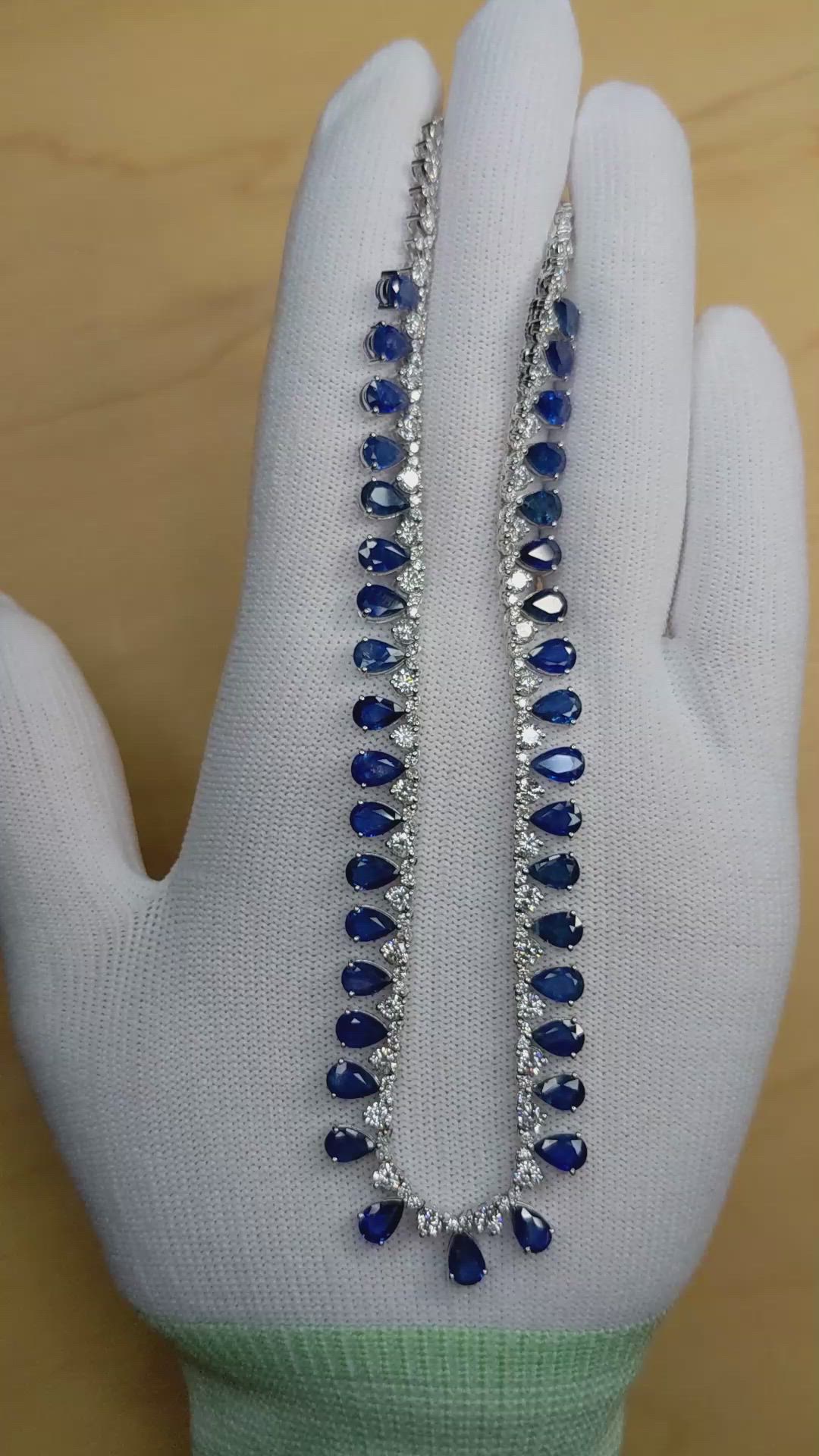 21.52 Ct.Tw.Total Carat Weight Blue Sapphire and Natural Diamond Pave Necklace, 14K White Gold Size Video