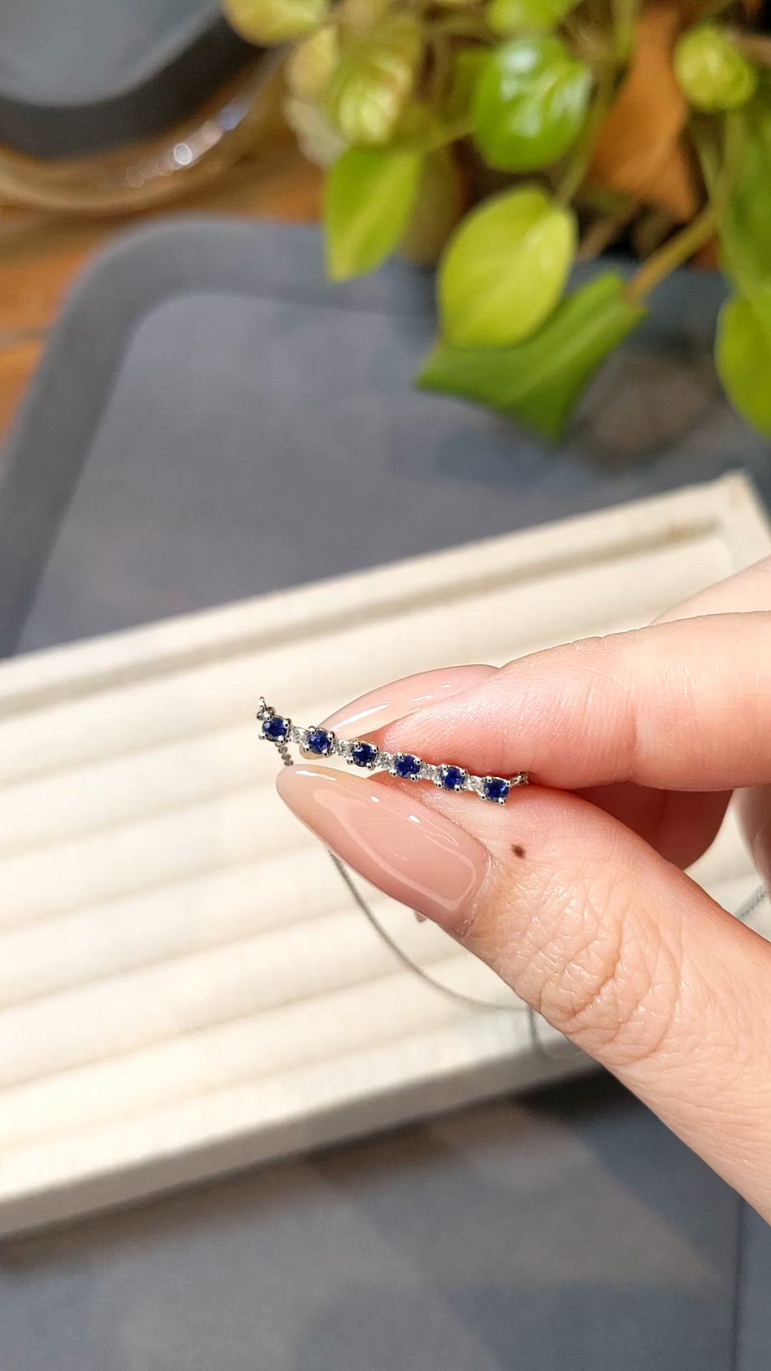 0.25 Ct. Blue Sapphire and Natural Diamond Accent Stones Necklace, 14K White Gold Size Video