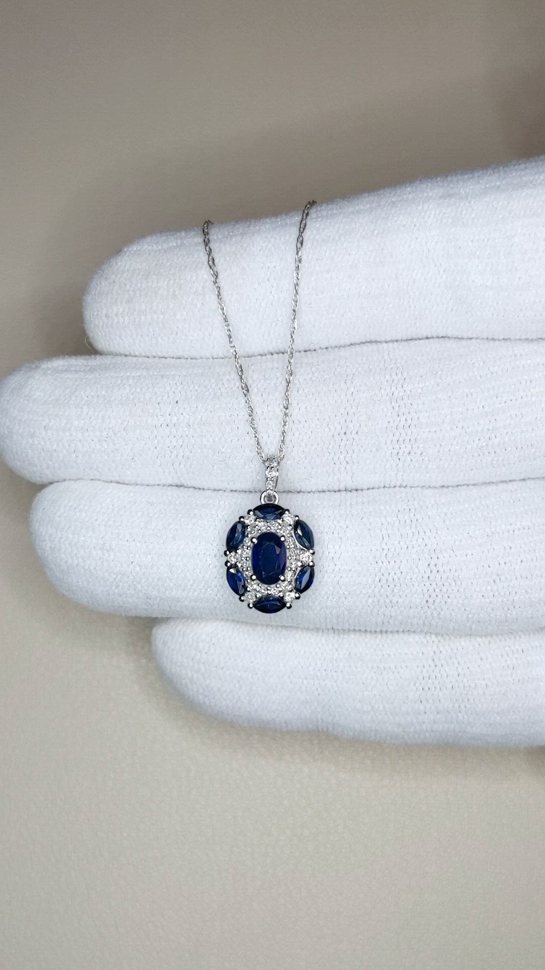 0.50 Ct. Blue Sapphire and Natural Diamond Pave Necklace, 14K White Gold Size Video