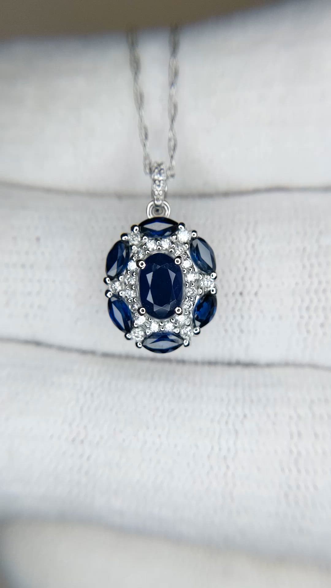 0.50 Ct. Blue Sapphire and Natural Diamond Pave Necklace, 14K White Gold Size Video
