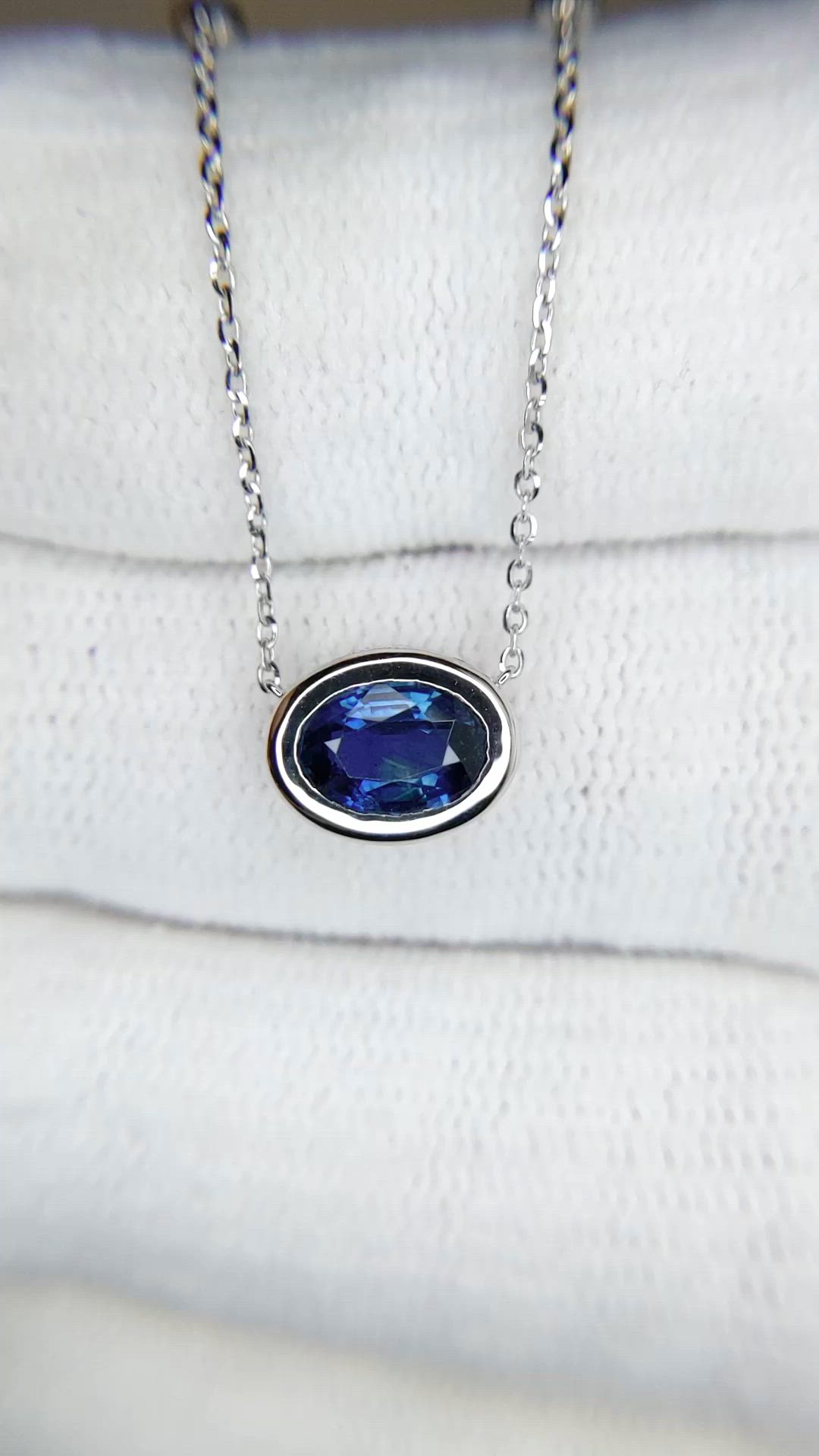 1.12 Ct. Blue Sapphire and Natural Diamond Bezel Necklace, 14K White Gold Size Video