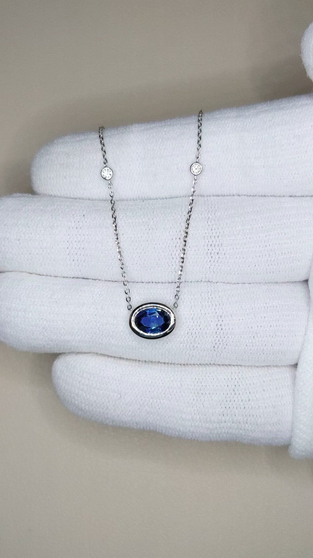 1.12 Ct. Blue Sapphire and Natural Diamond Bezel Necklace, 14K White Gold Size Video