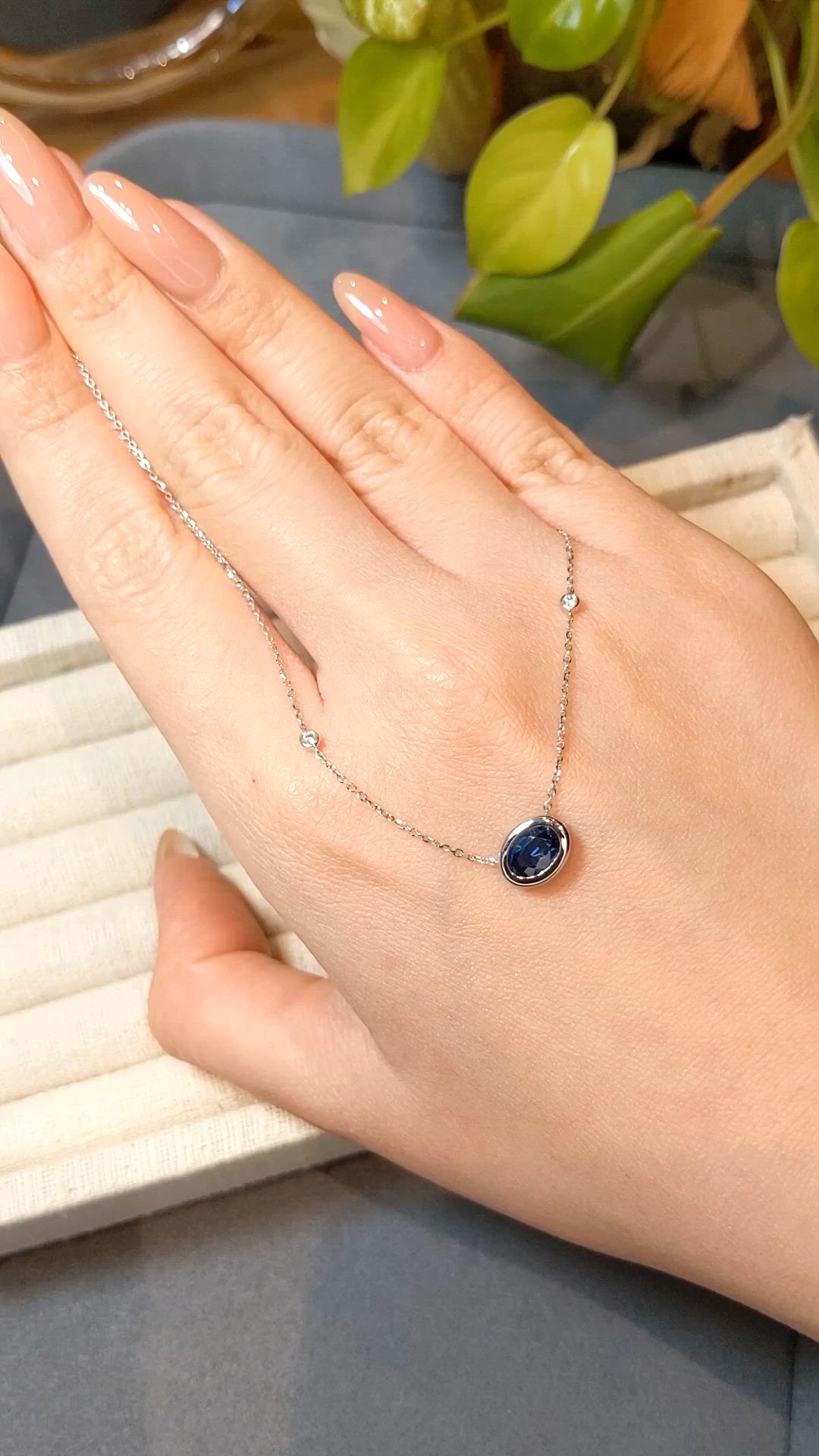 1.12 Ct. Blue Sapphire and Natural Diamond Bezel Necklace, 14K White Gold Size Video