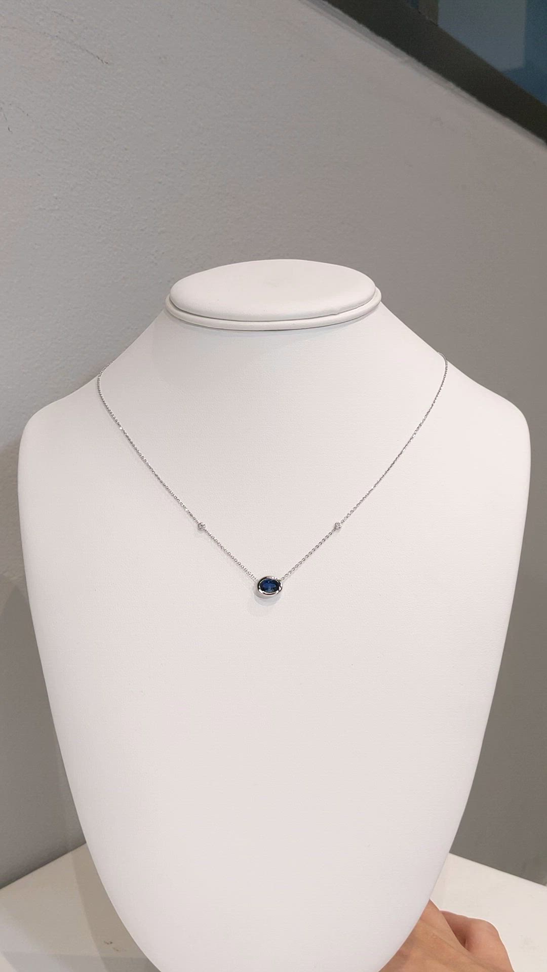 1.12 Ct. Blue Sapphire and Natural Diamond Bezel Necklace, 14K White Gold Size Video