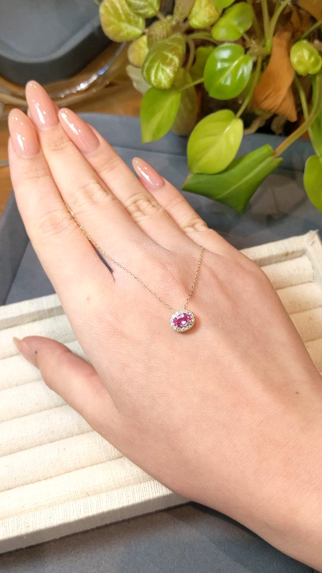 0.60 Ct. Pink Sapphire and Natural Diamond Pave Necklace, 14K Yellow Gold Size Video
