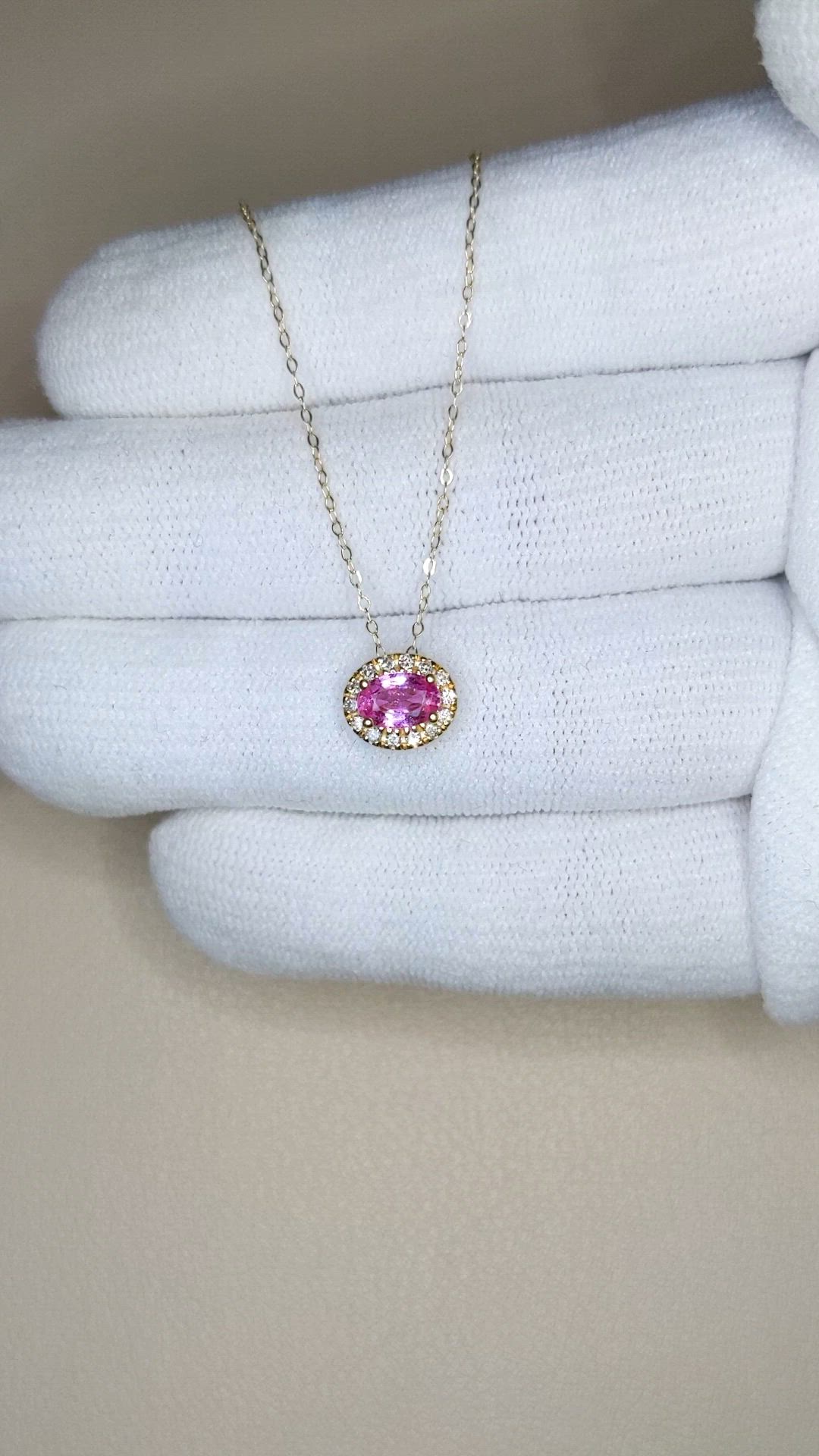 0.60 Ct. Pink Sapphire and Natural Diamond Pave Necklace, 14K Yellow Gold Size Video