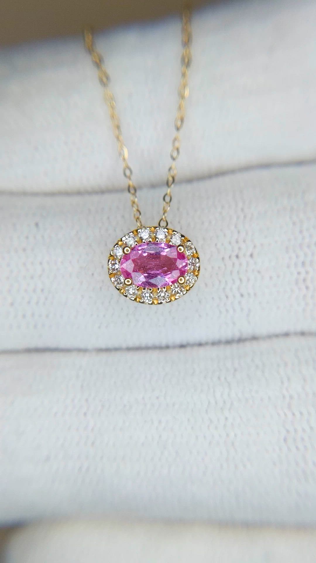 0.60 Ct. Pink Sapphire and Natural Diamond Pave Necklace, 14K Yellow Gold Size Video