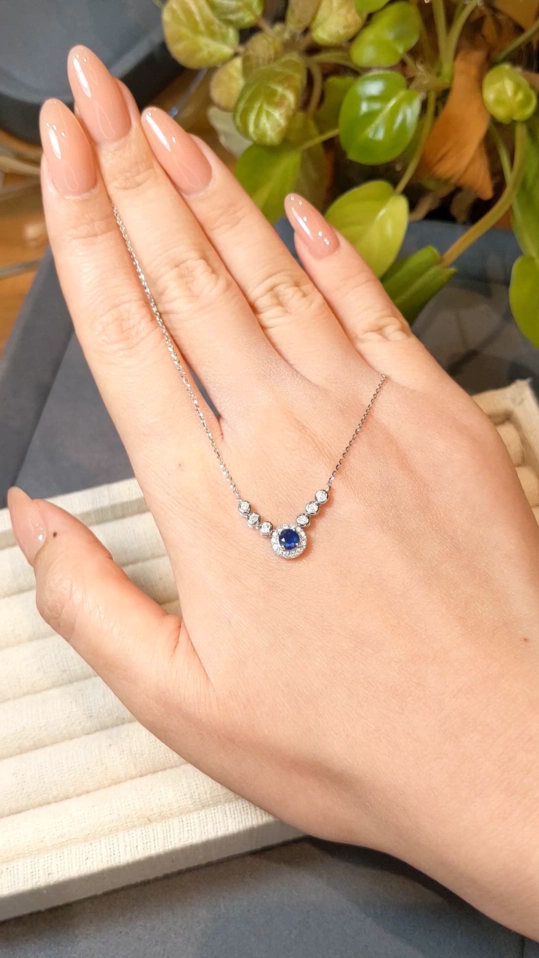 0.31 Ct. Blue Sapphire and Natural Diamond Pave Necklace, 14K White Gold Size Video