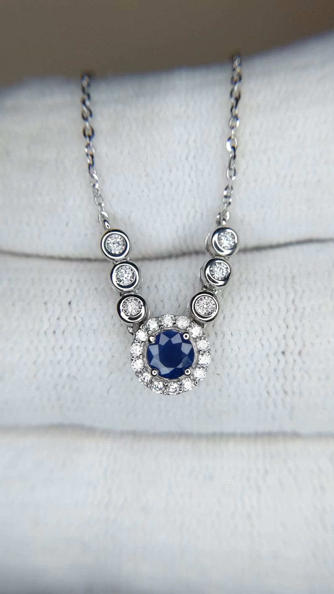 0.31 Ct. Blue Sapphire and Natural Diamond Pave Necklace, 14K White Gold Size Video
