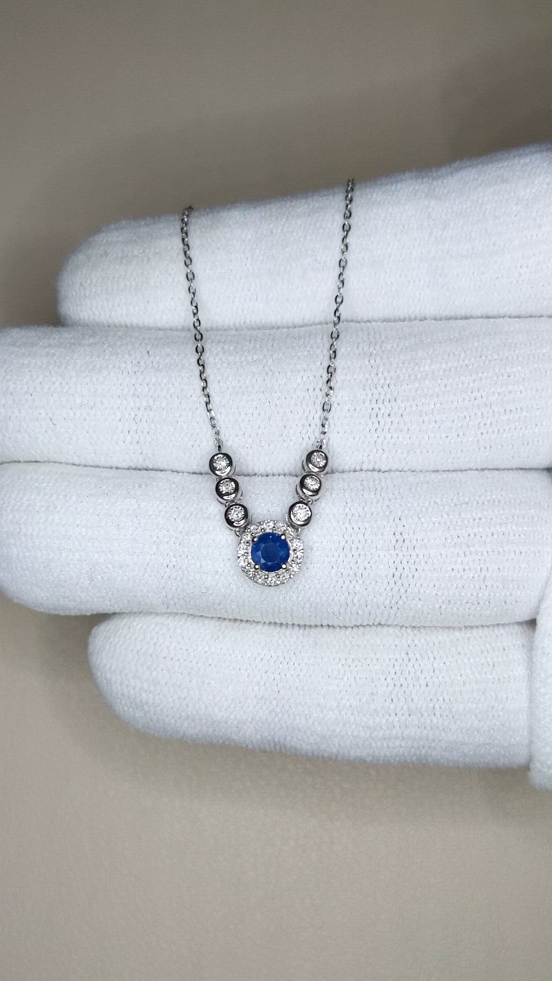 0.31 Ct. Blue Sapphire and Natural Diamond Pave Necklace, 14K White Gold Size Video