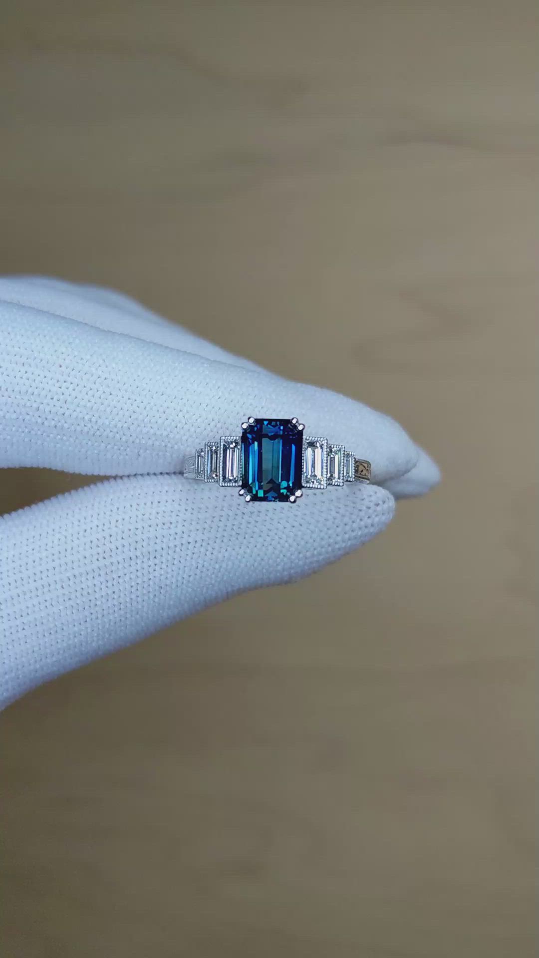 2.57 Ct. Blue Sapphire and Natural Diamond Antique Style Ring, Platinum 950 Size Video