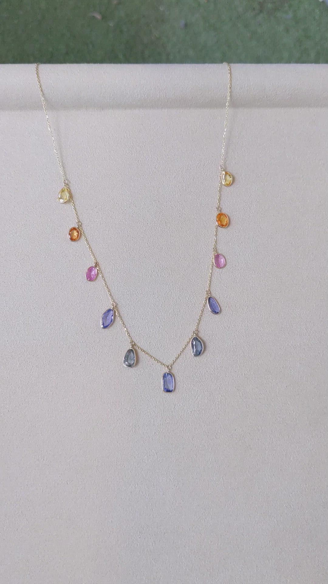 7.44 Ct. Multi Color Sapphire Bezel Necklace, 14K Yellow Gold Size Video