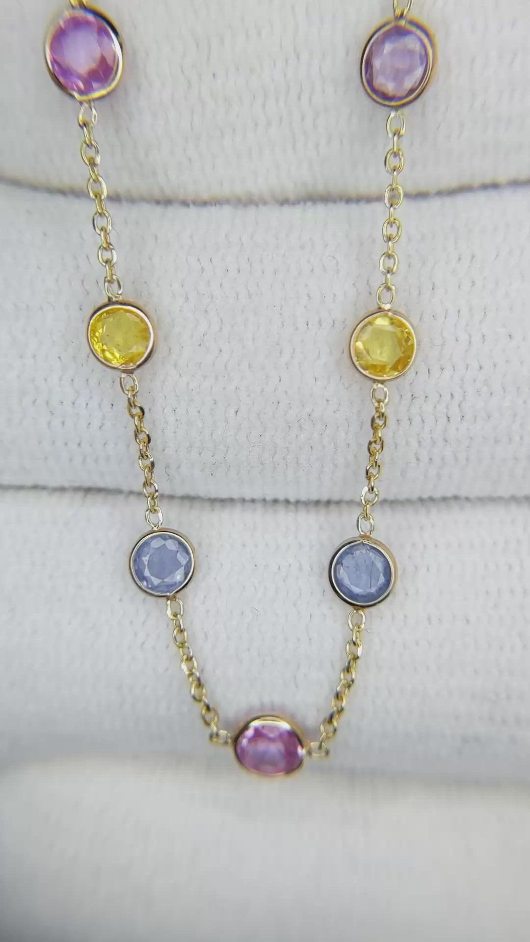 3.61 Ct. Multi Color Sapphire Bezel Necklace, 14K Yellow Gold Size Video