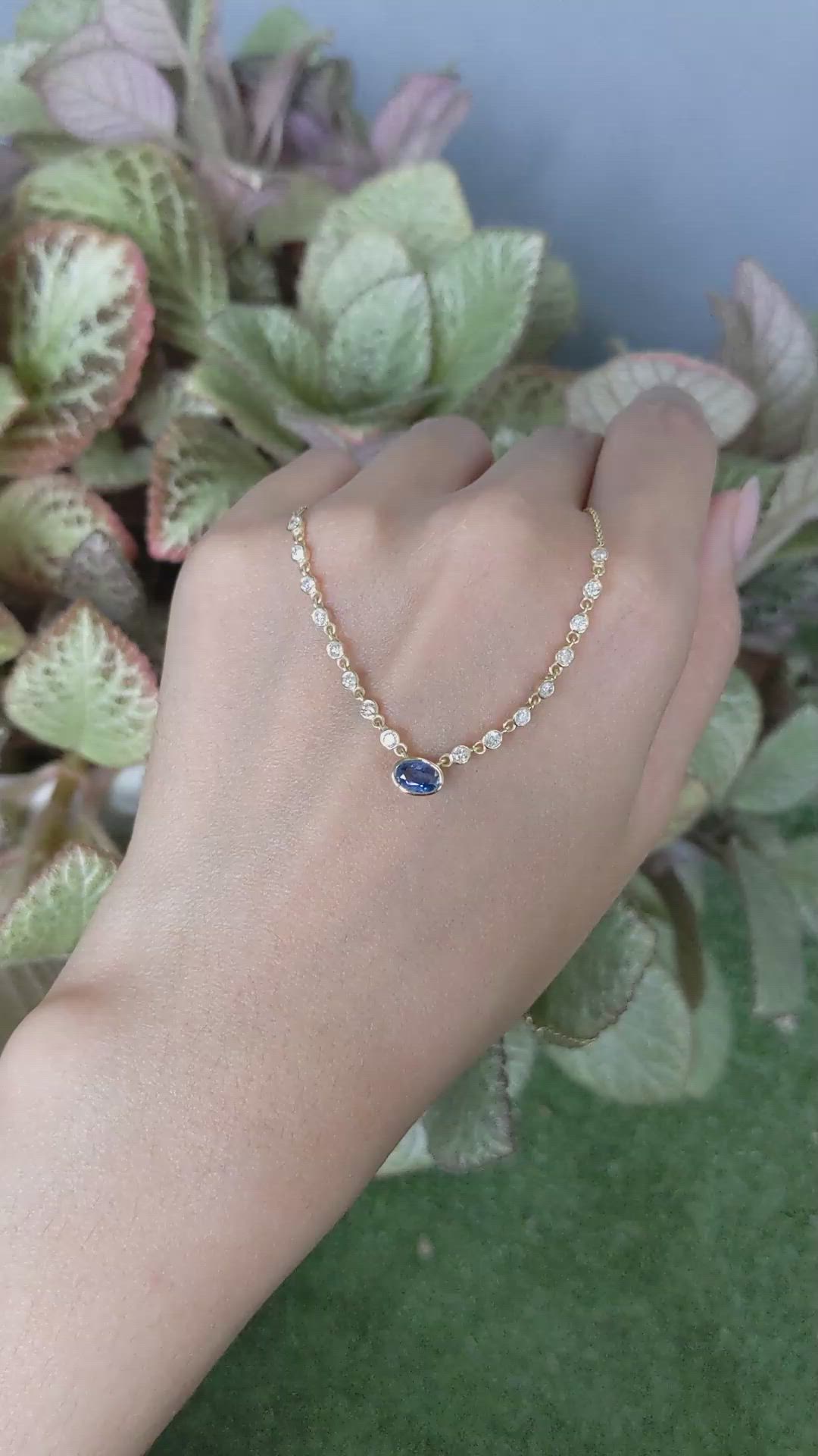 0.68 Ct. Blue Sapphire and Natural Diamond Bezel Necklace, 14K Yellow Gold Size Video