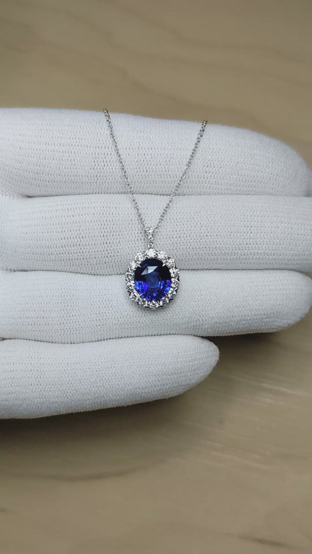 3.08 Ct. Blue Sapphire and Natural Diamond Pave Pendant, 18K White Gold Size Video