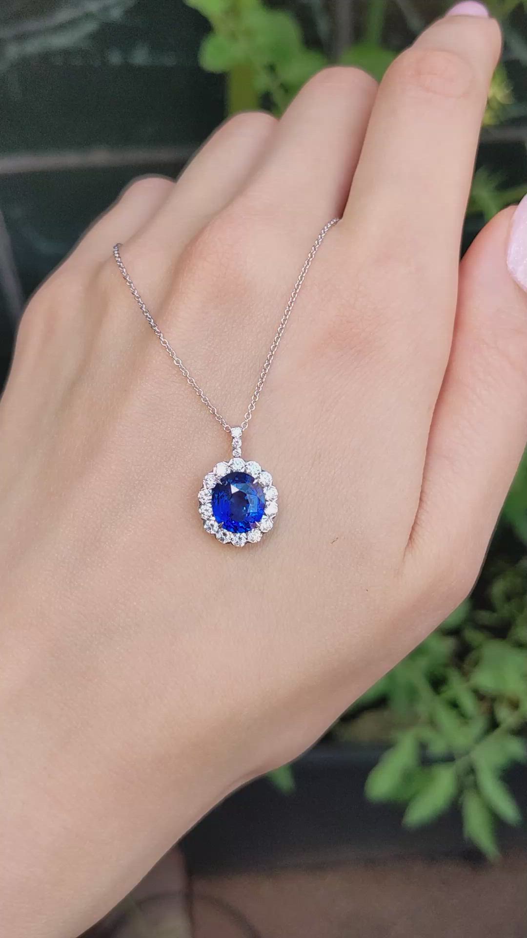 3.08 Ct. Blue Sapphire and Natural Diamond Pave Pendant, 18K White Gold Size Video