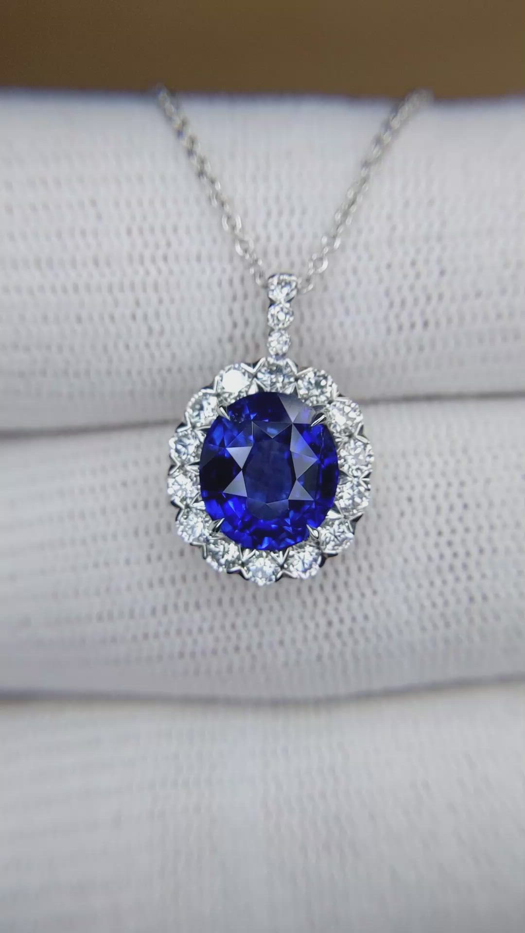 3.08 Ct. Blue Sapphire and Natural Diamond Pave Pendant, 18K White Gold Size Video