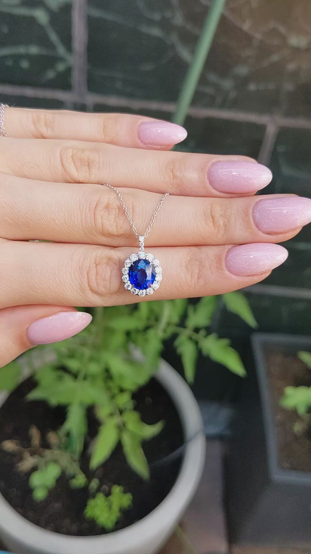 3.08 Ct. Blue Sapphire and Natural Diamond Pave Pendant, 18K White Gold Size Video