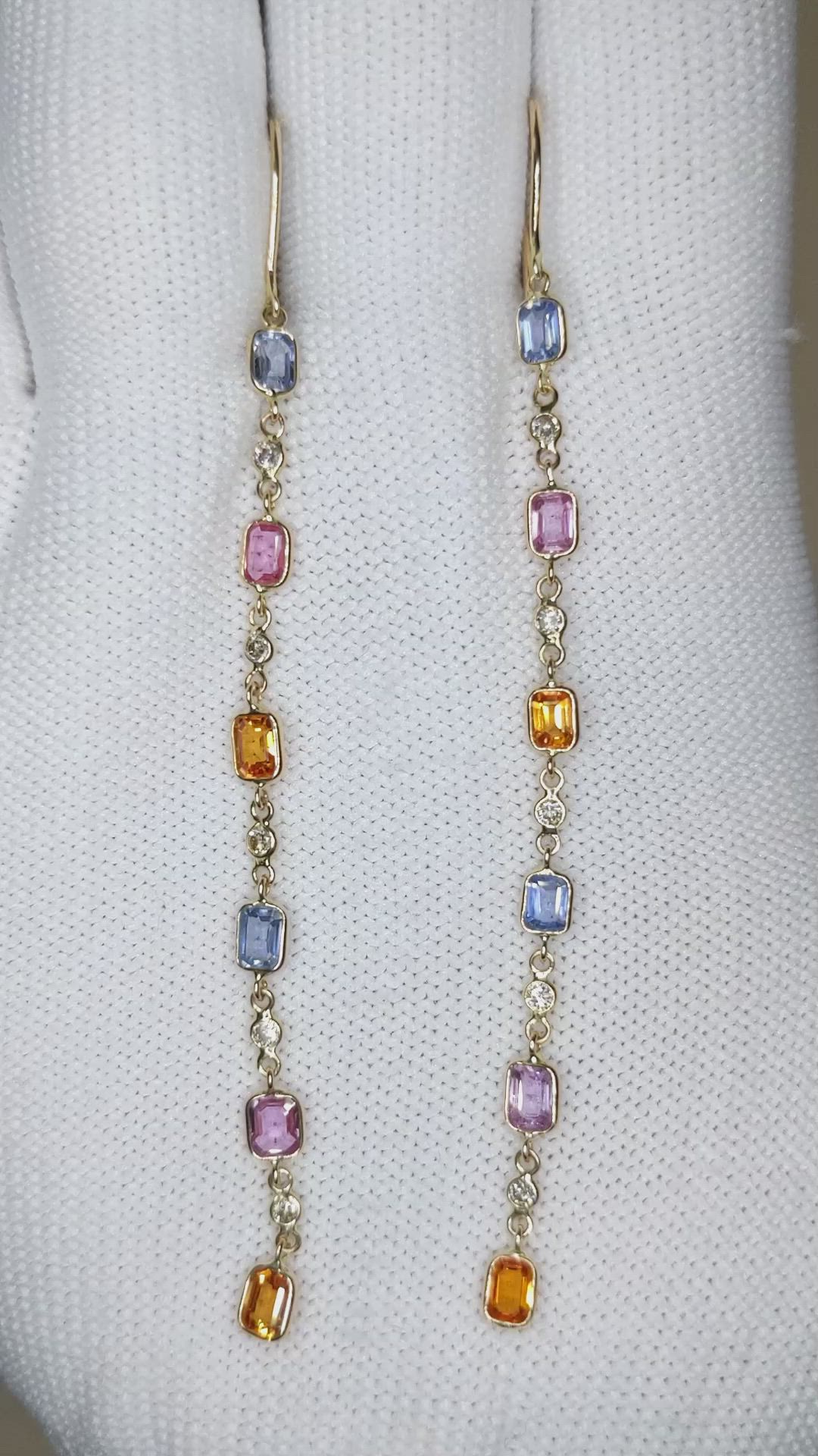 2.56 Ct.Tw.Total Carat Weight Multi Color Sapphire and Natural Diamond Bezel Earrings, 14K Yellow Gold Size Video