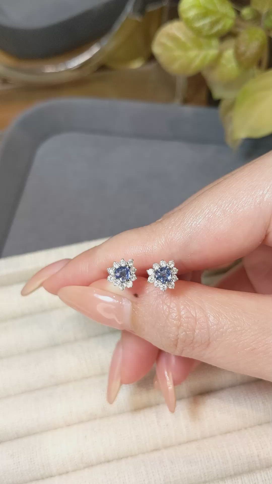0.54&nbsp;Ct.Tw.Total Carat Weight Blue Sapphire and Natural Diamond Studs Earrings, 14K White Gold Size Video
