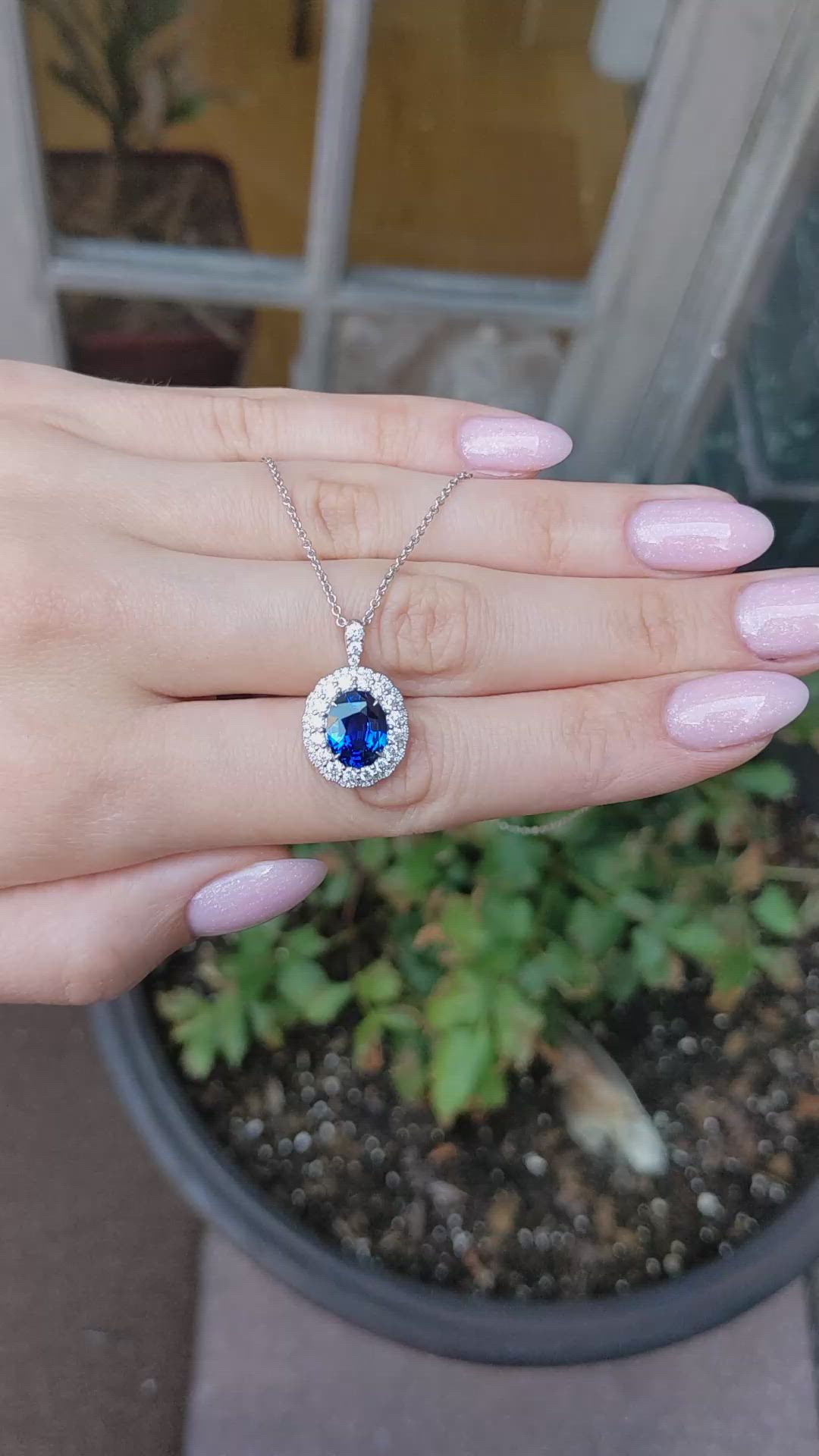 2.82 Ct. Blue Sapphire and Natural Diamond Pave Pendant, 18K White Gold Size Video