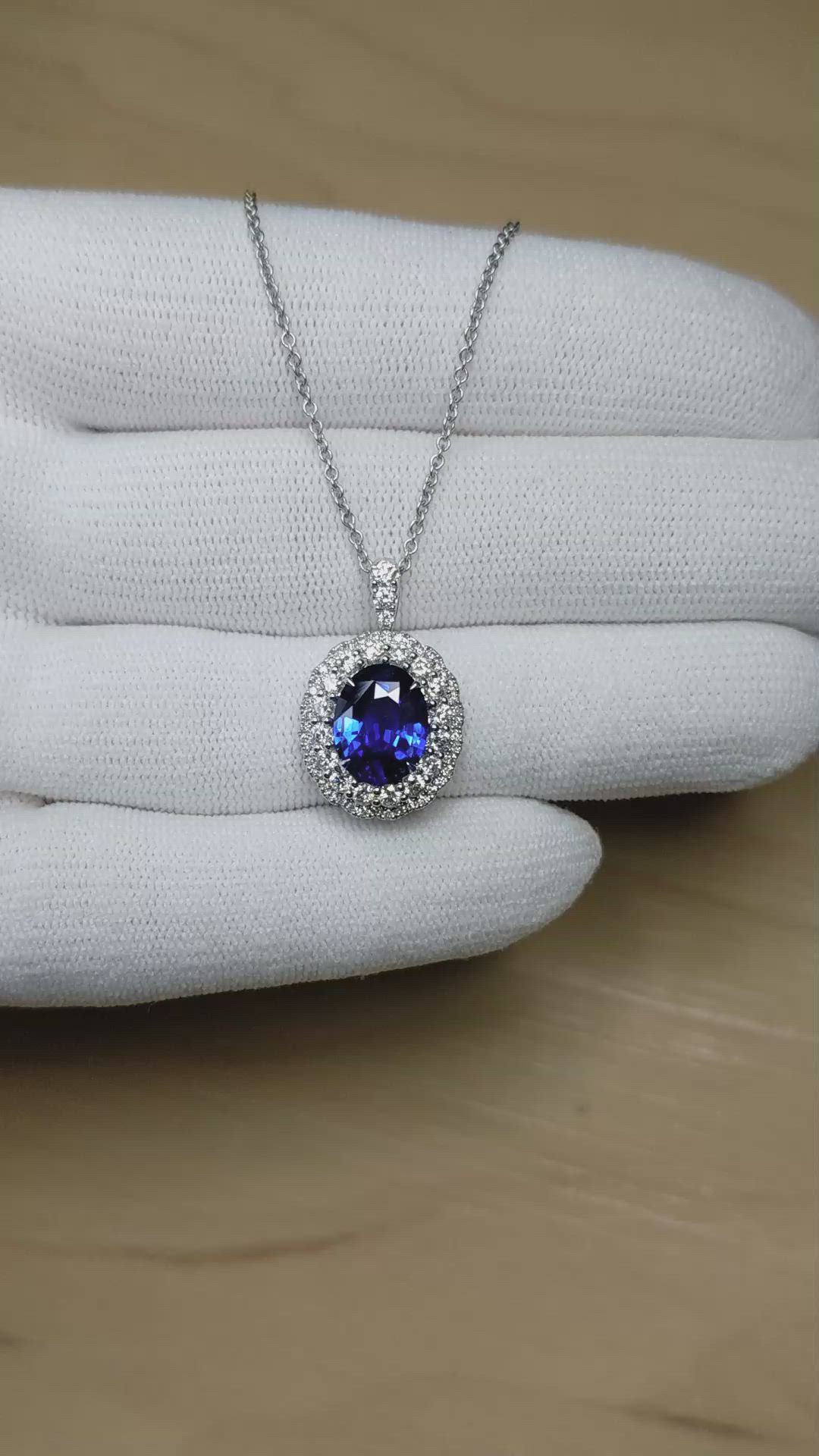 2.82 Ct. Blue Sapphire and Natural Diamond Pave Pendant, 18K White Gold Size Video