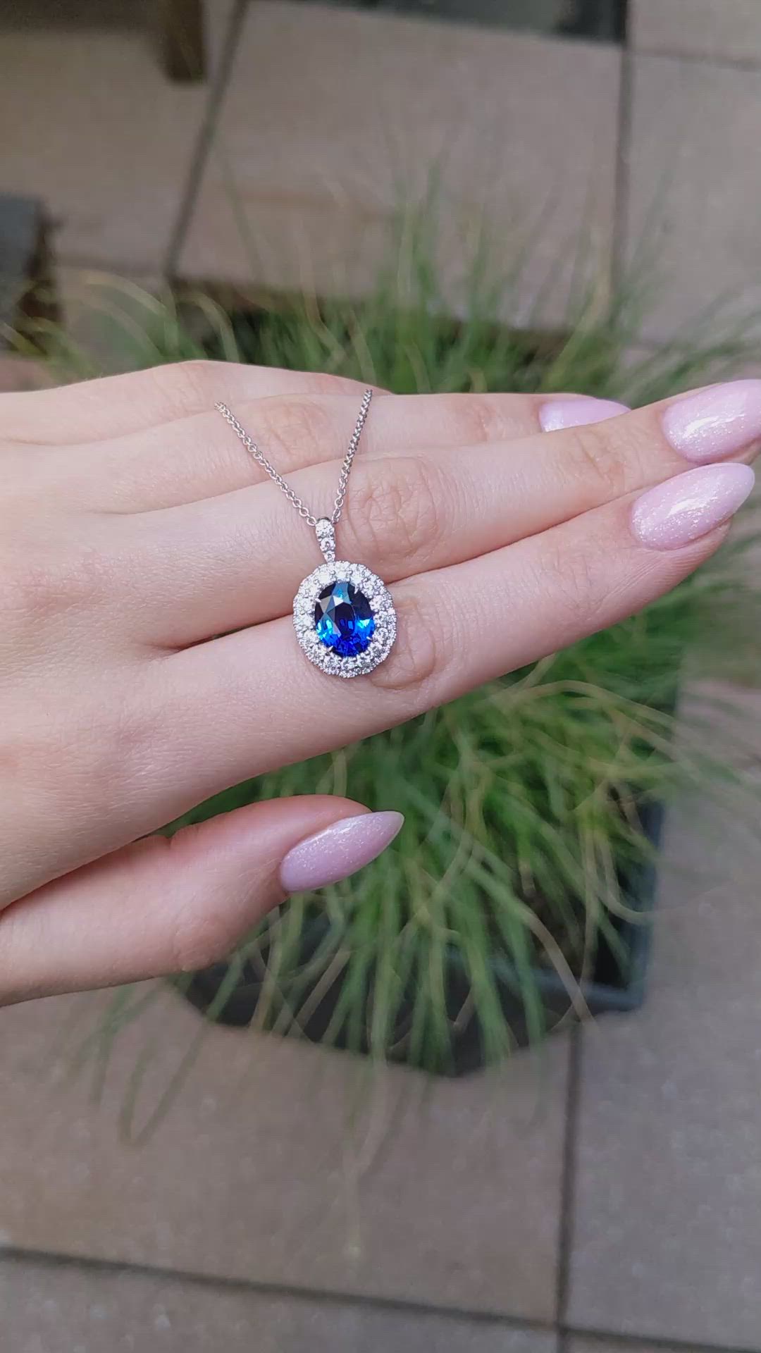 2.82 Ct. Blue Sapphire and Natural Diamond Pave Pendant, 18K White Gold Size Video