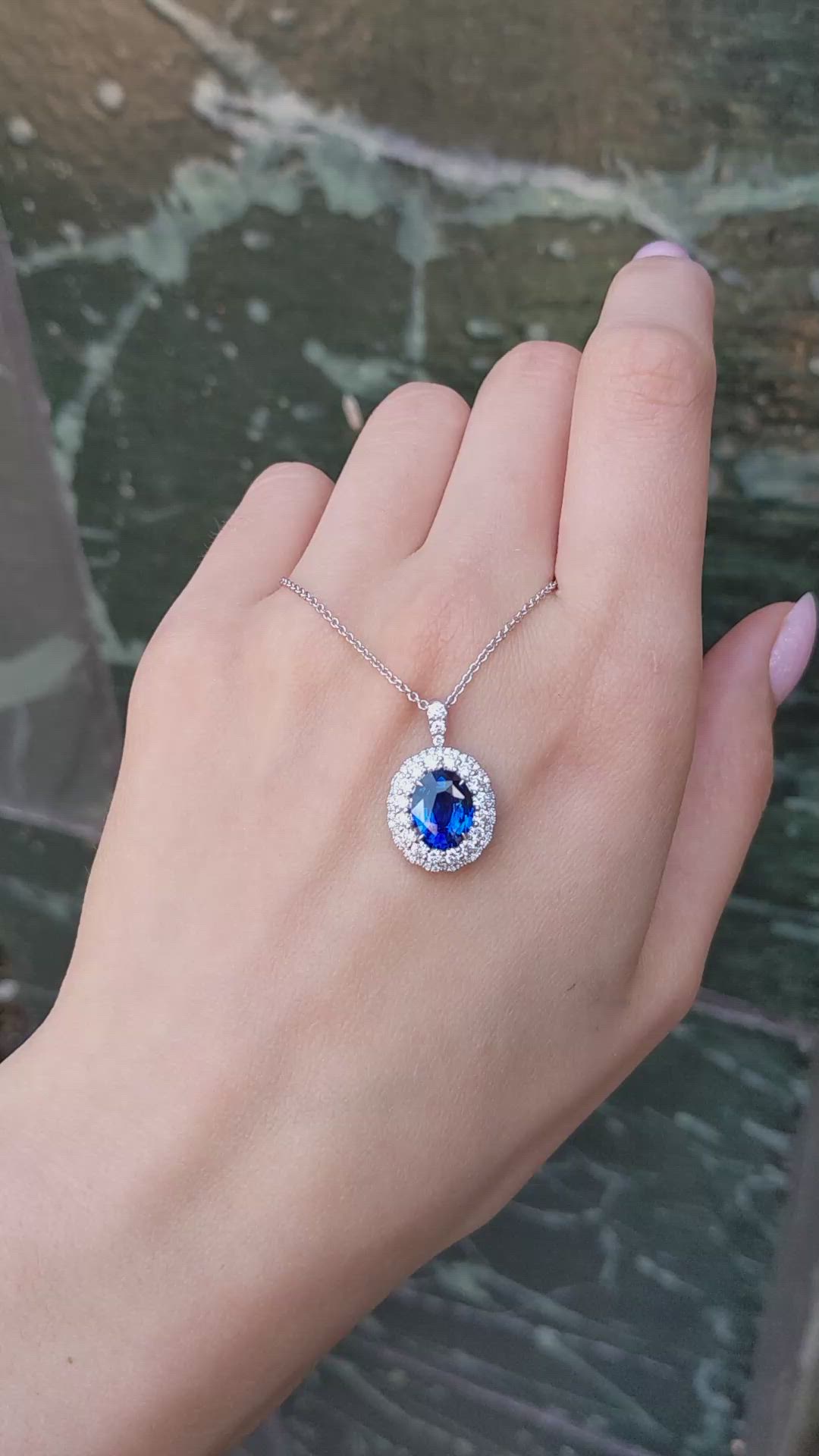 2.82 Ct. Blue Sapphire and Natural Diamond Pave Pendant, 18K White Gold Size Video