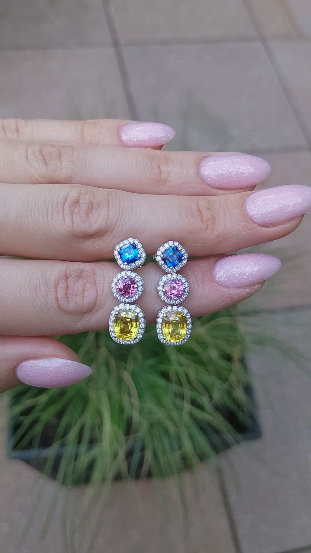 7.40 Ct.Tw.Total Carat Weight Mixed Sapphire and Natural Diamond Studs Earrings, 18K White & Yellow Size Video