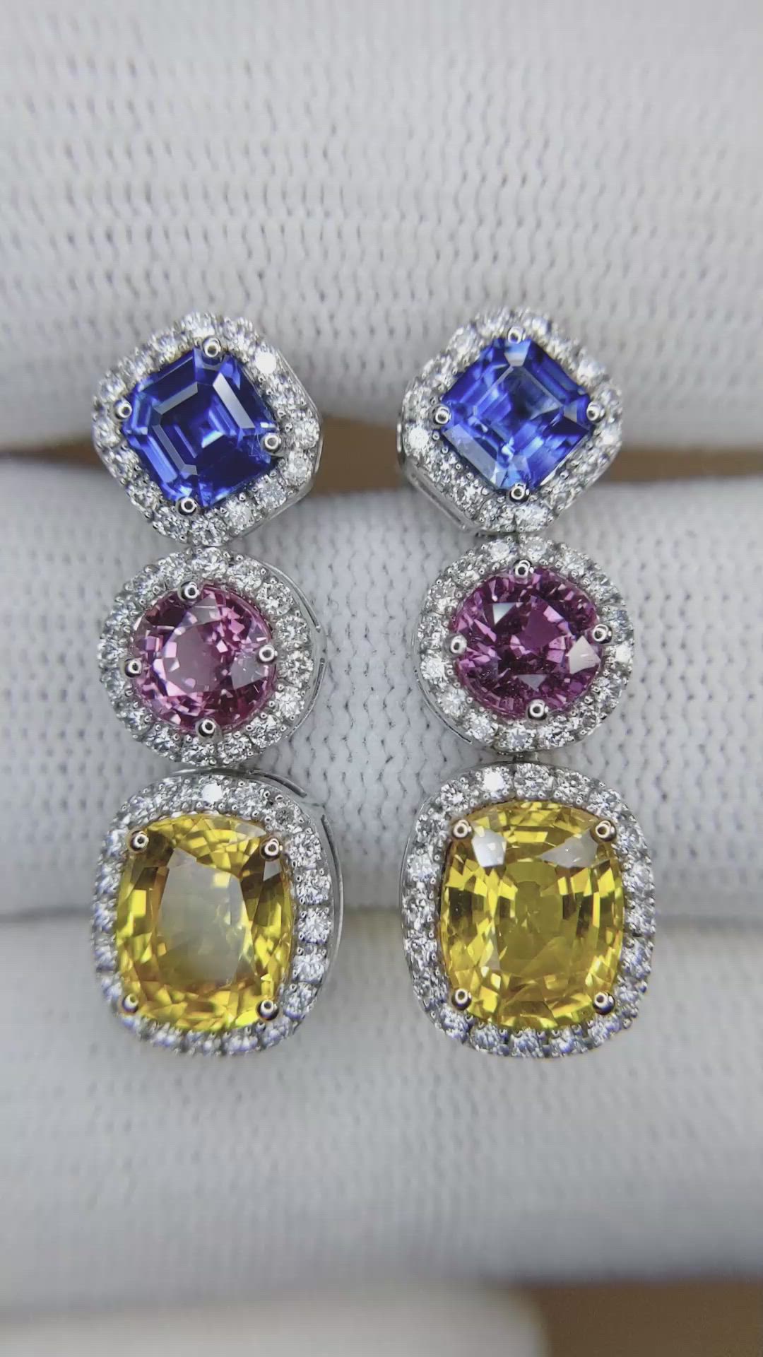 7.40 Ct.Tw.Total Carat Weight Mixed Sapphire and Natural Diamond Studs Earrings, 18K White & Yellow Size Video