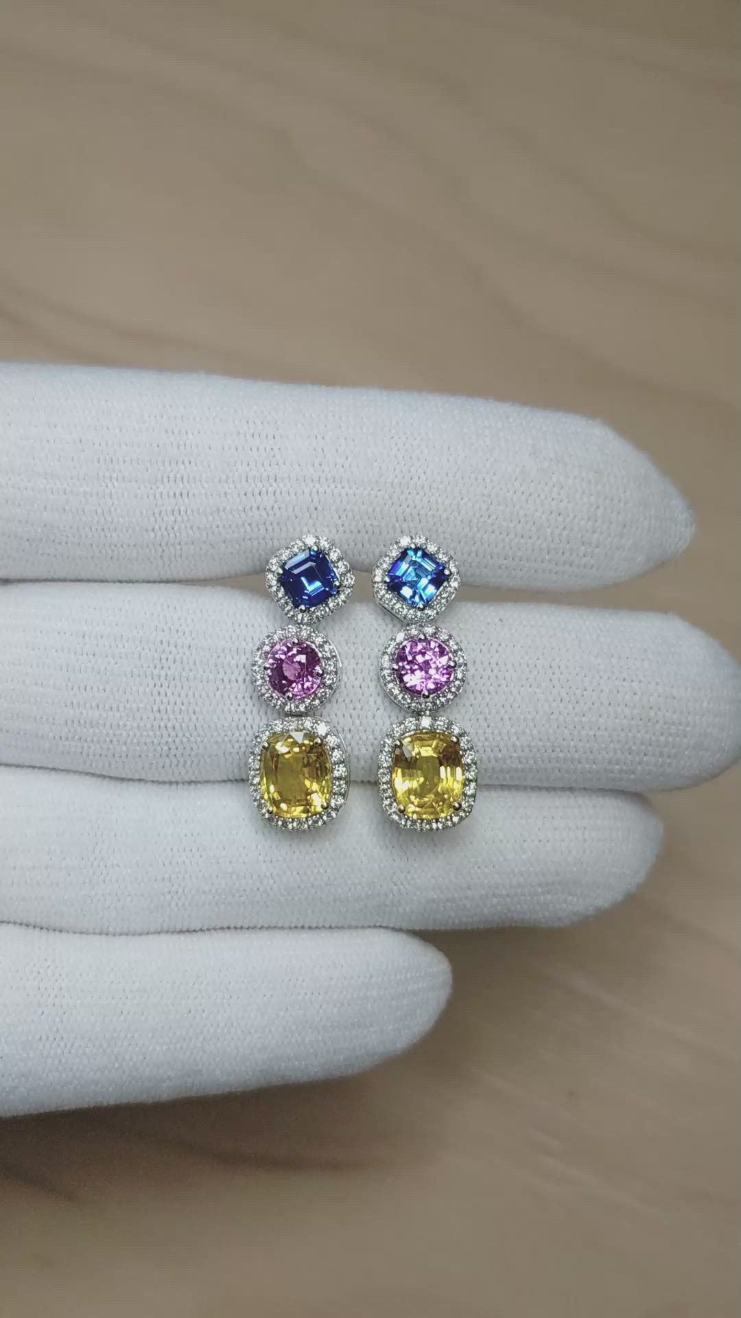 7.40 Ct.Tw.Total Carat Weight Mixed Sapphire and Natural Diamond Studs Earrings, 18K White & Yellow Size Video