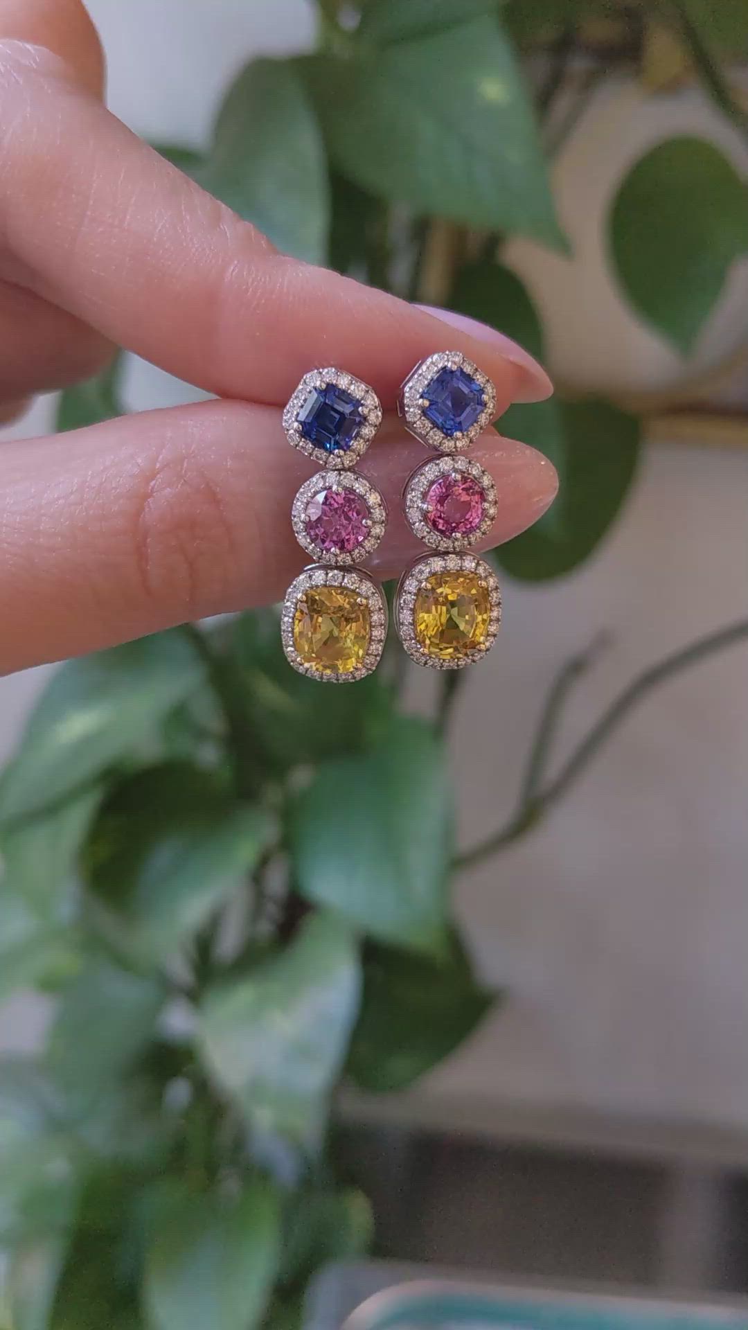 7.40 Ct.Tw.Total Carat Weight Mixed Sapphire and Natural Diamond Studs Earrings, 18K White & Yellow Size Video