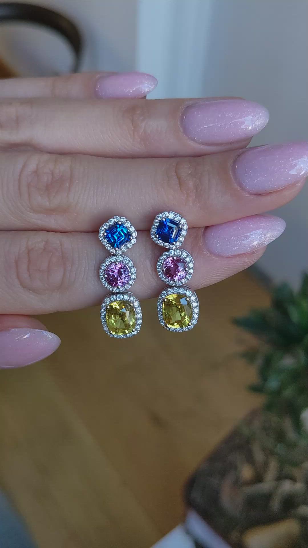7.40 Ct.Tw.Total Carat Weight Mixed Sapphire and Natural Diamond Studs Earrings, 18K White & Yellow Size Video