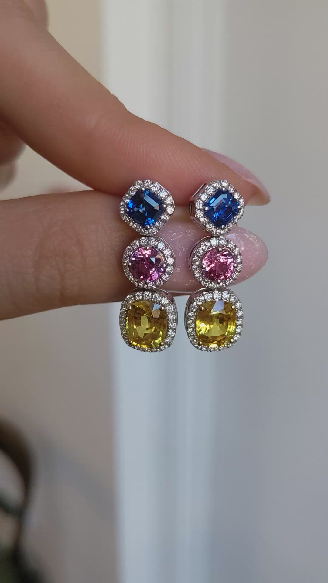 7.40 Ct.Tw.Total Carat Weight Mixed Sapphire and Natural Diamond Studs Earrings, 18K White & Yellow Size Video