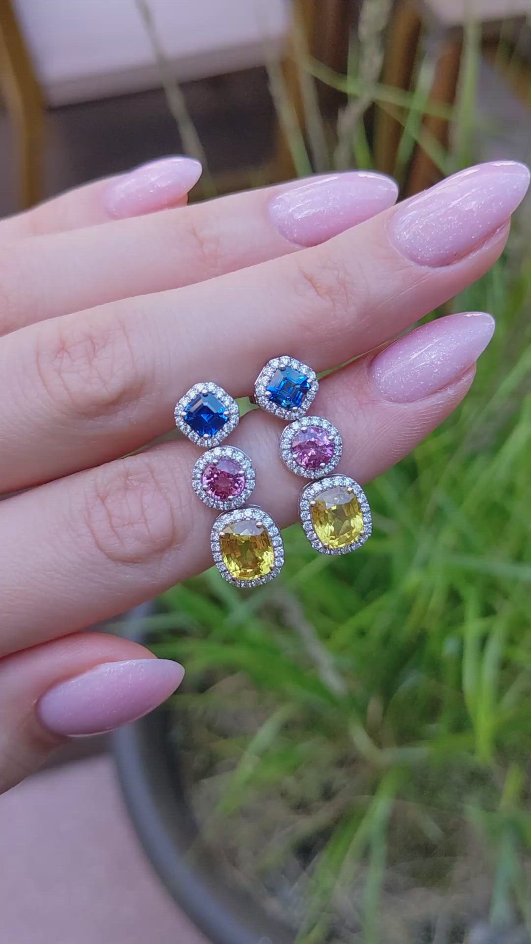 7.40 Ct.Tw.Total Carat Weight Mixed Sapphire and Natural Diamond Studs Earrings, 18K White & Yellow Size Video