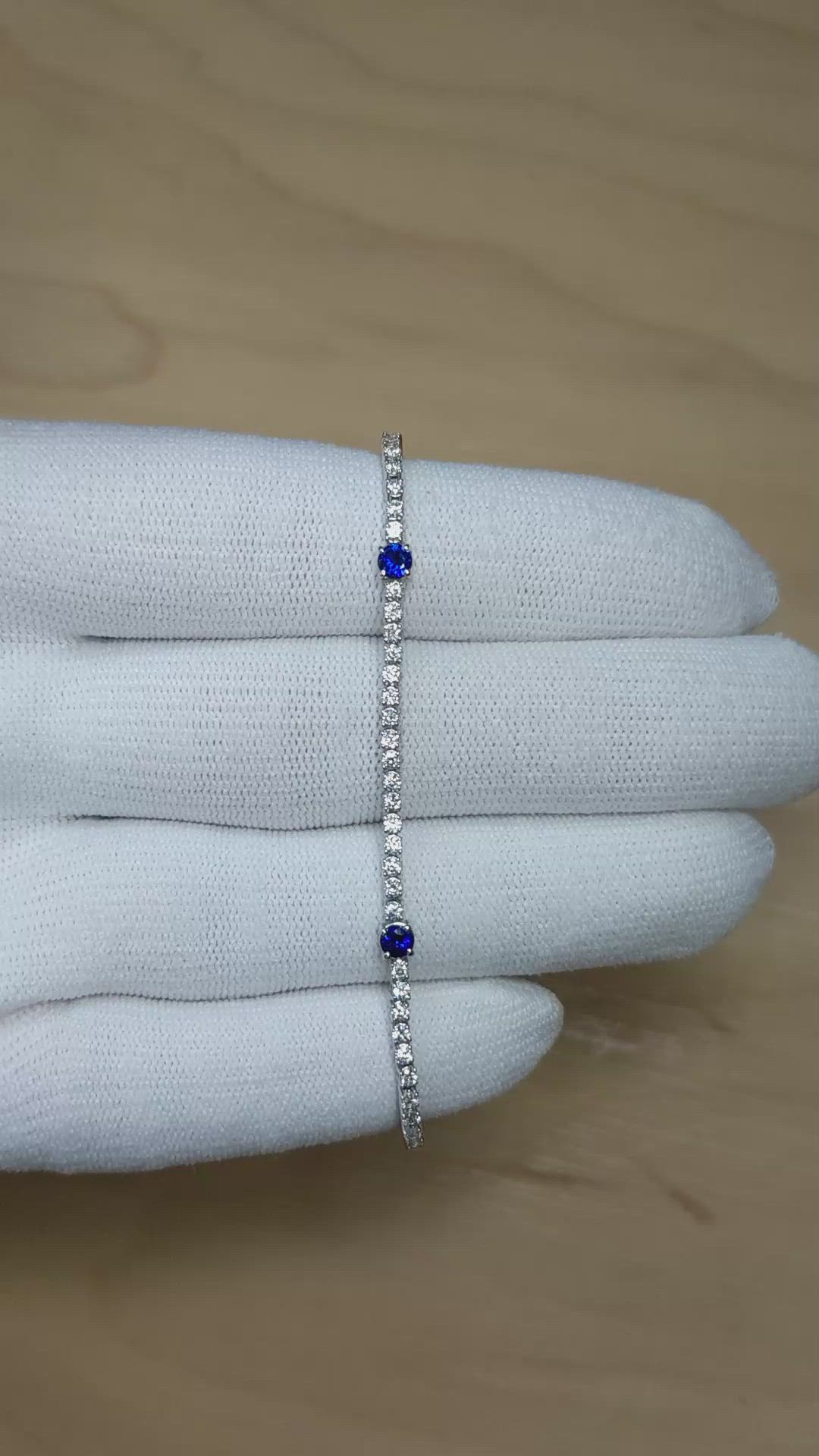 0.71 Ct.Tw.Total Carat Weight Blue Sapphire and Natural Diamond Pave Bracelet, 14K White Gold Size Video
